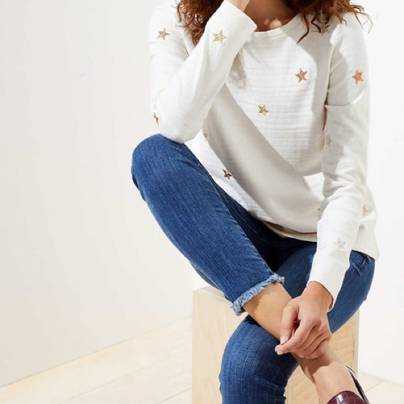 LOFT Shimmer Star Cream Sweatshirt Embroidered Star Metallic Holiday Sz XS NWT - Picture 2 of 8